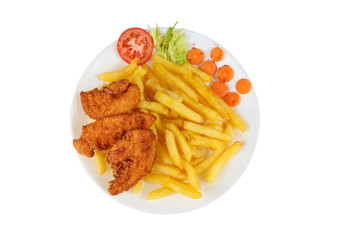 French fries with chicken, tomato on a white plate