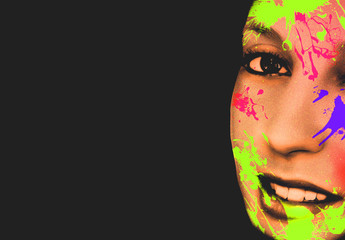 Beauty Girl face with Vivid Makeup. Colorful crayons. Fashion Woman portrait close up. Bright Colors. Long eyelashes, vivid eyeshadows make up