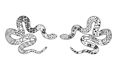 Two hand drawn doodle outline python decorated with geometric ornaments. Black and white silhouette of snake with different patterns. Vector zen art illustration