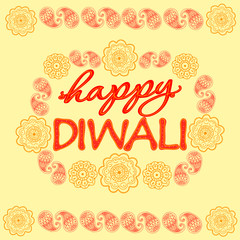 Happy Diwali - a holiday in India. Congratulations and a frame with Indian patterns. Lettering, text processing.