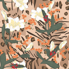 Seamless print of animal skin leopard and tropical plants. Seamless pattern painted by hand. Hand-drawing of animal skin and tropical plants. Vector illustration.