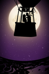 Lovers in balloon on moonlit night. Vector illustration with silhouette of loving couple. Full moon in starry sky