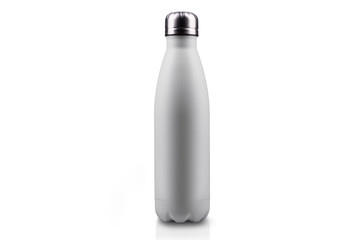 White empty stainless thermo water bottle close-up isolated on white background.