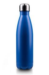 Empty stainless thermo water bottle close-up isolated on white background.