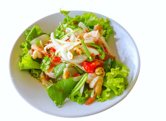Thai food, Fresh shrimp salad in a white dish isolated on white background.