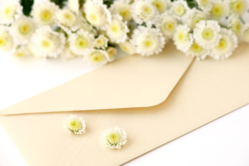 Flowers envelope for writing. Macro. Paper envelope, chrysanthemum flowers on a white background. Flowers in spring and summer.