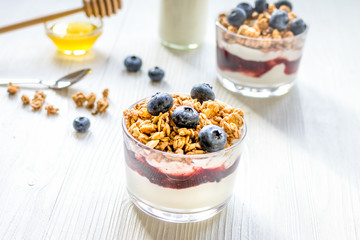 Fitness breakfast with muesli, honey and milk on white table