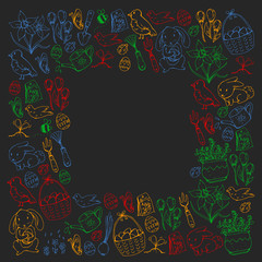 Easter vector illustration. Spring design for patterns. Holiday decoration for greeting cards. Rabbit, bunny character, eggs, flowers, seasonal elements.