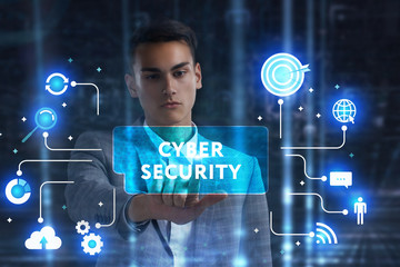 The concept of business, technology, the Internet and the network. A young entrepreneur working on a virtual screen of the future and sees the inscription: Cyber security