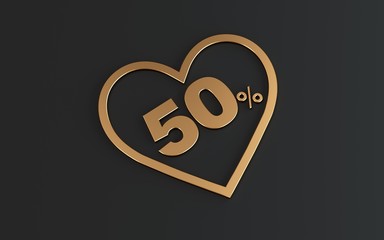 Valentine's Day, offer 50% discount heart and golden letters on dark background