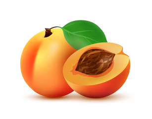 Half and whole Peach fruit illustration - Vector icon isolated on white.