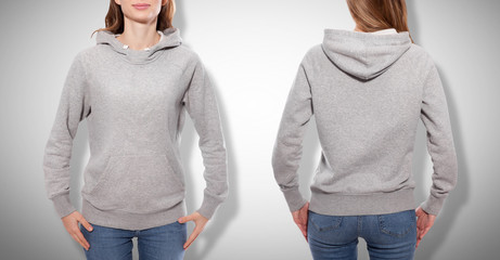 Shirt design and fashion concept - young woman in gray sweatshirt front and rear, gray hoodies,...