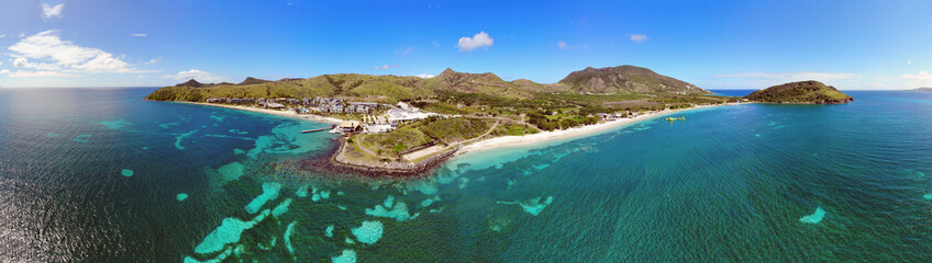 Aerial panoramic view of Christopher Harbor and the Caribbean Sea, Saint Kitts, near the Park Hyatt...
