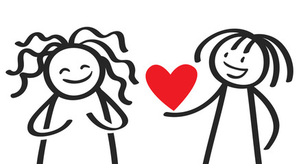 Valentinstag, Liebe, Strichmännchen verschenkt ein Herz an Freundin