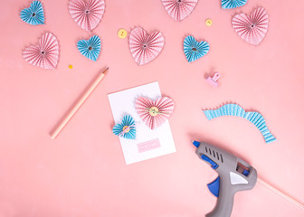 Scrapbooking master class. Diy. Make a Valentines day card whith paper hearts. Women's hobby. Craft...