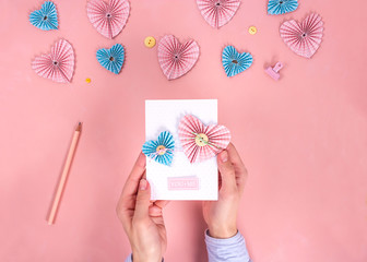 Scrapbooking master class. Diy. Make a Valentines day card whith paper hearts. Women's hobby. Craft...