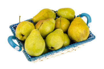 Sweet ripe pears on wooden tray, seasonal fruits. White background