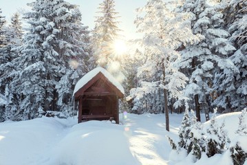 snow mountain landscape with summer house.