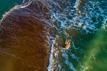 Aerial view of the fisherman in the delta of the river Alpheios  in the Peloponnese, in Greece.