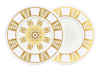 decorative plates for interior design. Empty dish, porcelain plate mock up design. Vector illustration. Decorative plates with Mandala ornament patterns