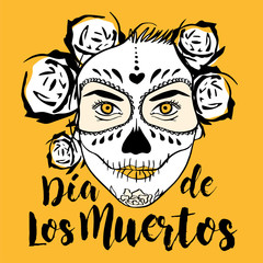Woman with Sugar Skull Face Paint. Yellow background. Image for t-shirt, poster, flyer, publication... Day of The Dead written in Spanish.