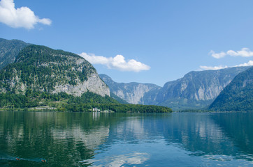 View of the Hallstatt from lake Hallstater See, Austria