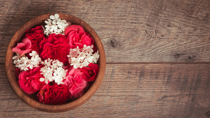 Valentines day background. Valentines day table place setting. Wooden table with copy space