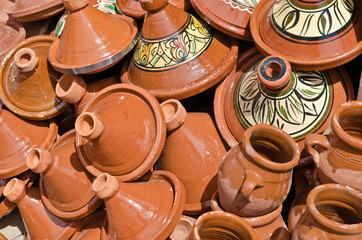 Selection of tagine and more potteries on market in morocco