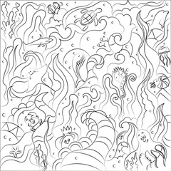 Abstract drawing in the style of doodling on the theme of sea inhabitants. Abstract hand drawing puzzle.
