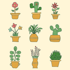 hand drawn flowers in pots illustration vector