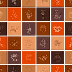 Seamless pattern of ceramic tiles in brown tones. Tiles with hand-drawn objects: teapots, cups, decanters, vases. Vector illustration. 