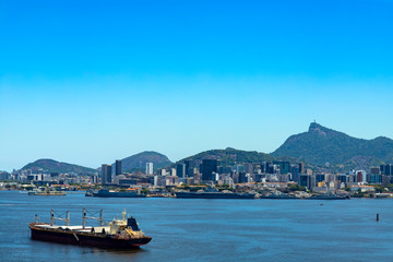 Cargo ship arrives at Guanabara Bay in the city of Rio de Janeiro, Brazil South America. 