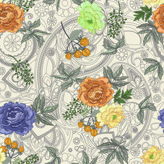 Flowers peony, roses, ornamental grasses and berries paisley background