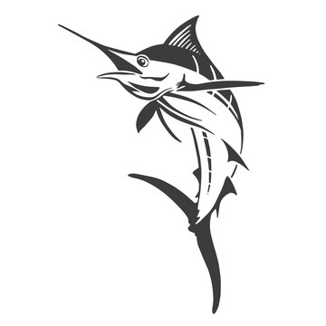 Hand Drawn Marlin fish jump. Design elements for logo, label, emblem, sign, brand mark. Vector illustration.
