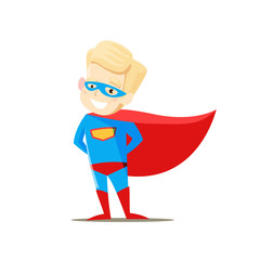 Boy standing in superhero costume on white background