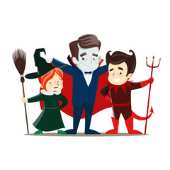 Children in costumes of the vampire, witch and the devil are preparing for Halloweens