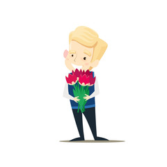 The boy is holding a bouquet of flowers