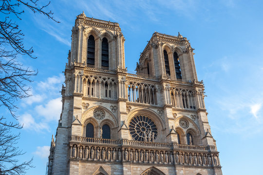 Facade Of Notre Dame De Paris, Medieval Cathedral (church) In Paris, France