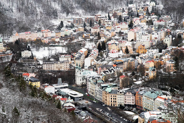 European spa resort Karlovy Vary in winter. Beautiful panoramic view from the mountain.