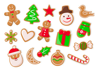 Christmas holidays symbolic isolated icons of gingerbread cookies vector. Snowman and pine tree evergreen spruce, heart and candy lollipop stick mistletoe