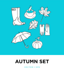 An autumn set of hand drawn objects. Umbrella, rubber boots, cup of hot drink, maple and oak leaf, gloves, pumpkin. Doodling, fall topic.