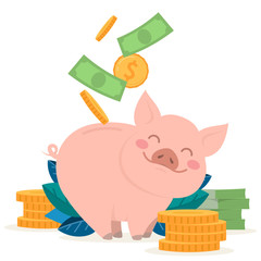 Concept of prosperity and capital accumulation. People save money in a piggy bank. Vector