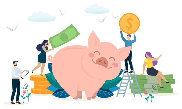 Cute piggy bank with money and coins. Concept of prosperity and capital accumulation. Vector