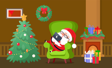 Merry Christmas Santa Claus sleeping on chair vector. Home interior decorated with wreath, bows and stars, fireplace with presents and giftboxes surprise