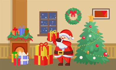 Obraz na płótnie Canvas Merry Christmas Santa Claus with presents gifts vector. Home interior celebration decor with baubles, star wreath on wall. Fireplace with gifts in boxes