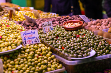 Assortment of green olives at a market