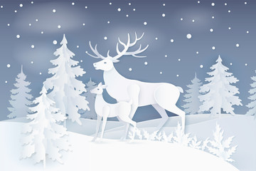 Nature at night with deer and fawn near spruce trees with snowflakes. Card with animals near fir-trees and snow falling weather in white color vector, paper art and craft style