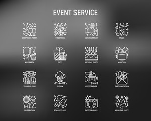 Event services thin line icons set: kids party, gifts, birthday, magician, clown, videographer, party invitation, corporate, fireworks, music, celebration, romatic date. Modern vector illustration.