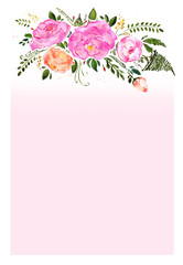 Watercolor hand drawn different flowers bouquet in frame. Isolated floral illustration on white background.