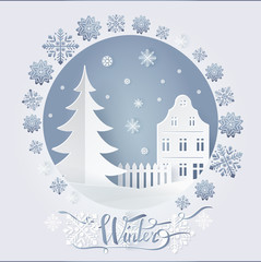 Winter postcard decorated by high-rise building near fence and fir-tree, snowy dark sky. Greeting card with snowflakes in flat style and white color vector, paper art and craft style